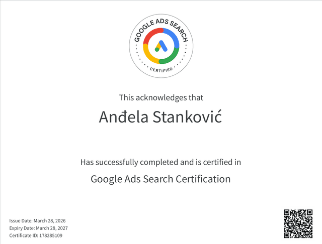 Anđela Stanković — Google Ads i GA4 analitika ekspert