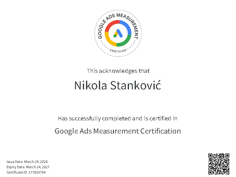 Nikola Stanković — Sertifikovani Google Ads stručnjak